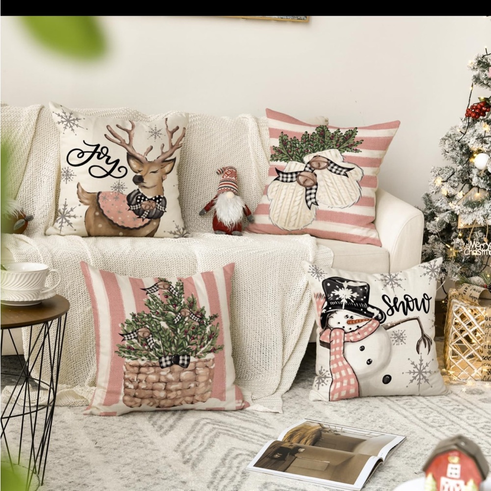 New Pink theme Holiday Pillowcase Set with Snowman and Reindeer-  set of 4